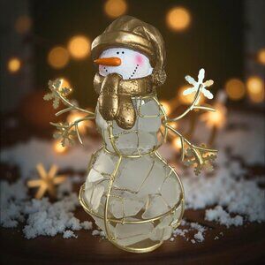 Wire Gold Frame and Frosted White Sea Glass Snowman 7" Tall